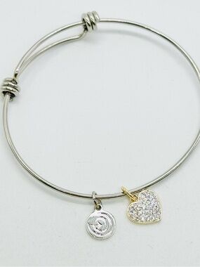 Silver Tone Bangle Bracelet Gold Pave Heart Charm Slider Love this Life